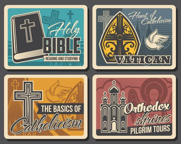 Vektorové Plakáty Křesťanství Křesťanské Katolické Náboženské Symboly Kříže Holubice Kříže — Stockový vektor