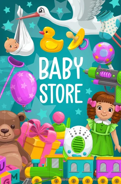 Sklep Zabawkami Dla Dzieci Grami Dla Dzieci Plakat Niedźwiedziem Lalkami — Wektor stockowy