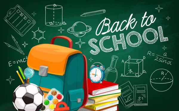 Back School Poster Sketch Chalk Lettering Drawing Green Blackboard Vector — Stock Vector