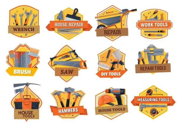 施工工具 房屋维修 建筑和翻新Diy工具箱 矢量图标 家庭改造工作工具 木工锤 木雕锯和画笔 石工锯和钻头 — 图库矢量图片