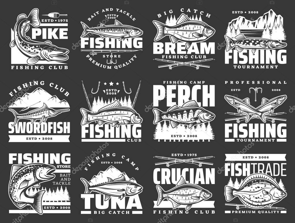 Fishing sport leisure, fish hooks and lure rods vector icons. Fishing club big fish catch tournament for tuna and crucian, pike and flounder, perch, sea mackerel and swordfish, baits and tackles store