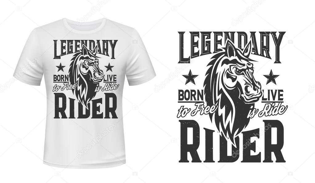 Horse trotter, horserace print t-shirt mockup, equestrian racing club vector symbol. Horse racing, polo sport, mustang stallion head mascot and Legendary Rider quote for t shirt print template