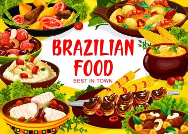 Brezilya mutfağı yemekleri, Brezilya restoranı menüsü geleneksel yemekler. Otantik Brezilya churrasco eti, balık bacalhau, fasulye yahnisi feijoada ve karides moqueca, yemekler, salatalar ve atıştırmalıklar.