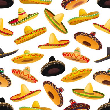 Sombrero şapkaları kusursuz. Meksika fiesta partisinin ve Mariachi müzisyeni sombrero şapkalı Cinco de Mayo tatilinin arka planında geniş kenarlı, top püsküllü ve renkli etnik süslerle