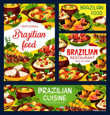 Brezilya mutfağı yemek menüsü, Brezilya restoranı vektör eti, balık menüsü. Brezilya geleneksel churrasco eti, bacalhau balığı, feijoada fasulye güveci, karides moqueca ve mısır çorbası.