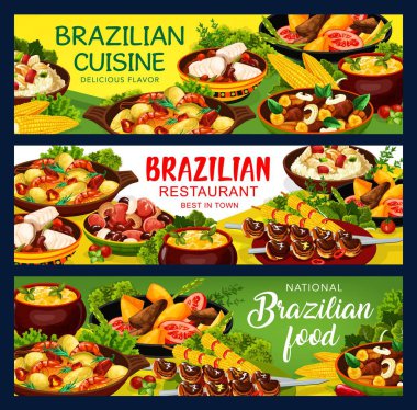 Brezilya mutfağı feijoada ve et menüsü, Brezilya geleneksel fasulye ve balık yemekleri, vektör pankartları. Brezilya ulusal yemekleri, churrasco eti, bacalhau balık güveci, mısır çorbası ve karides moqueca
