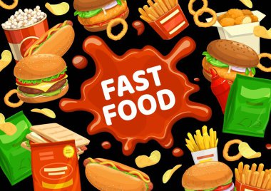 Fast food burgerler menüsü, hamburgerler, atıştırmalıklar ve içecekler, vektör sandviçler. Fast food yemekleri çizburger, sosisli sosis ve tavuk nugget, patates kızartması, patlamış mısır ve soğan halkaları.