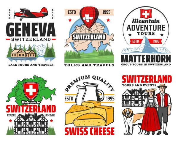 瑞士前往瑞士阿尔卑斯山山脉矢量图标 瑞士地图 文化和食品 日内瓦和苏黎世地标性旅游 瑞士文化和传统 奶酪和马特霍恩滑雪 — 图库矢量图片