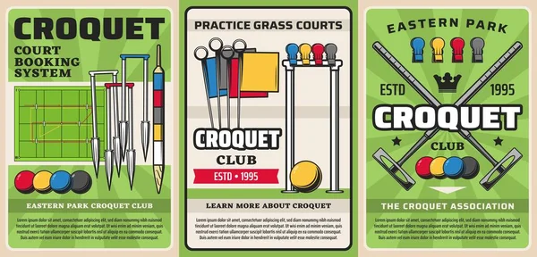 Croquet Sport Equipment Items Club Tournament Game Mallet Ball Vector — Stock Vector