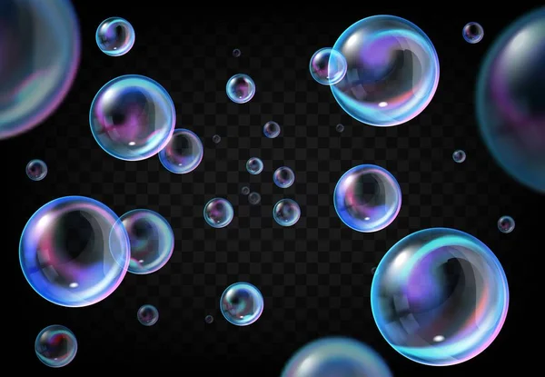 肥皂泡在透明的背景上 现实的矢量水泡球与彩虹色的反射 飘浮着五颜六色的肥皂泡 淋浴间及洗衣房的设计 — 图库矢量图片