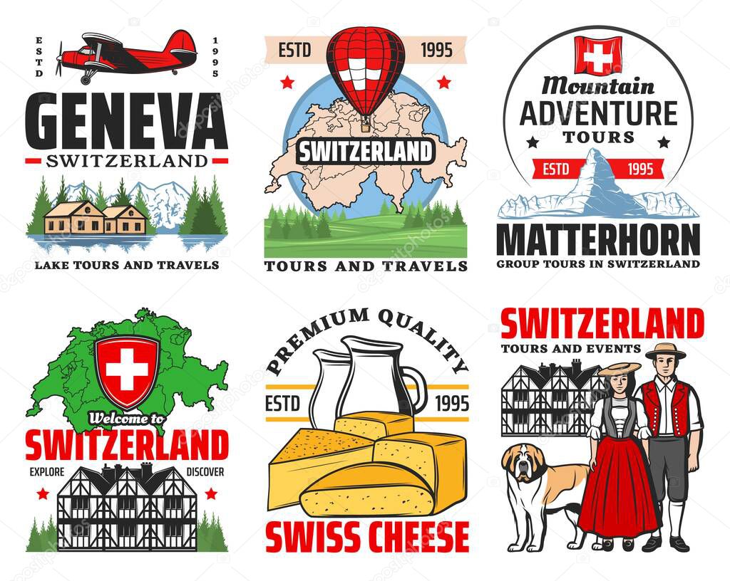 Switzerland travel to Swiss alps mountains vector icons. Switzerland map, architecture, culture and food. Geneva and Zurich landmark tours, Swiss culture and traditions, cheese and Matterhorn skiing