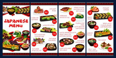 Japon yemekleri, geleneksel mutfak menüsü, vektör yemekleri. Japon yahnisi, curie no sumono and wakame udon, butanico no taciyake, horenzo no ochitasi and kakitama egg jira soup