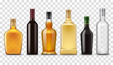 Alkol gerçekçi içecek şişeleri, vektör izole edilmiş 3 boyutlu model nesneler. Kaliteli alkol viski, votka, şarap ve içki, rom ve viski, tekila, vermut ve kokteyl içecekler.
