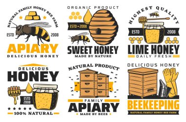 Apiary, bal ve arıcılık çiftliği ikonları. Aile arısı ve arıcı etiketleri, arı kovanı ve bal damlası, ahşap fıçı ve cam kavanoz.