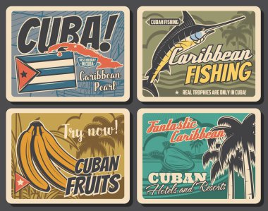 Küba seyahatleri, turizm ve Havana şehir turları, taşıyıcı vintage posterler. Küba deniz otelleri, okyanus kıyısındaki tatil beldeleri, Karayip kılıçbalığı avlama gezileri ve tropikal muz meyveleri.