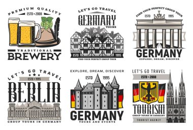Almanya turları ve etkinlikleri, seyahat ve turizm ajansı vektör ikonları. Berlin sınırları ve Brandenburg Kapısı, kaleler ve kilise, Ekim Festivali bira fabrikası, bayrak ve şapka, ünlü mimari gezisi