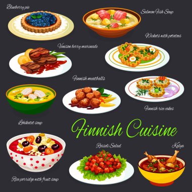 Finlandiya mutfağı yemekleri, Finlandiya geleneksel yemekleri olan vektör restoran menüsü. Fin somon balığı ve lohikatet çorbası, yabanmersinli turta ve köfte, geyik üzümü salamura ve meyveli pirinç lapası.