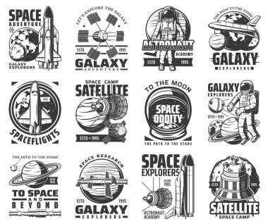 Galaksi keşfi ve uzay macera ikonları. Astronot akademisi ve uydu uzay kampı işareti, ay ve Satürn gezegenleri, uzay gemisi ve uzay mekiği kâşifi, yörünge istasyonu