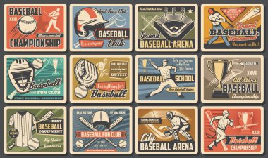 Baseball player and batter with bat, ball at arena. Baseball and softball sport tournament and equipment. Vintage retro sport posters, fan club and championship, cup match clipart