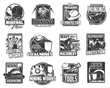 Kömür ve maden endüstrisi, madenci araçları ve kazı makineleri vektör ikonları. Kömür kazıcıları ve mayınlar, dinamit patlamaları uyarı işareti, madenci başlığı ve kaya matkabı.