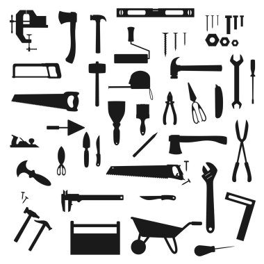 İş aleti, inşaat, ev onarımı ve marangozluk vektör siluetleri. Ahşap işçiliği ve DIY inşaat aletleri, tamirci ekipmanı öğütücü ve çekiç, matkap, cetvel ve tornavida