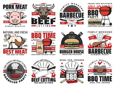 Barbekü ızgara partisi ve kasap et ikonları. Hamburgerci, mangal ve piknik zamanı, alevler içinde domuz ve biftek, kasap bıçağı ve çatal.