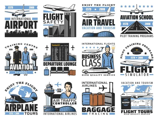 Airport Aviation Aircrew Air Travel Vector Icons Airplanes Pilot School — Stock Vector