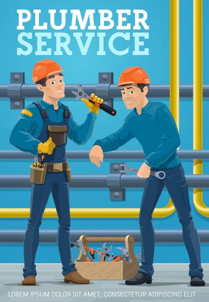 Service Plombier Réparation Entretien Des Tuyaux Affiche Vectorielle Travailleurs Plomberie — Image vectorielle