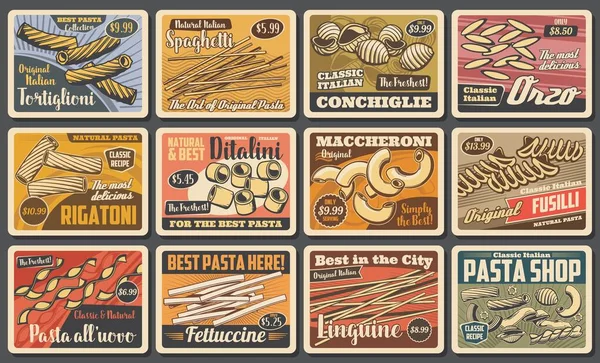 意大利面食 传统美食 餐馆菜单矢量古董海报 土制卷心菜 语言学和意大利面 意大利面 通心粉和意大利面 意大利面和意大利面 — 图库矢量图片