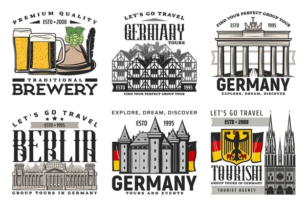 Germany Tours Events Travel Tourism Agency Vector Icons Berlin Landmarks — Stock Vector