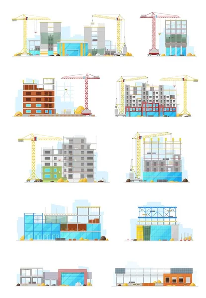 House Construction Sites Store Warehouse Buildings Vector Icons Set Working — Stock Vector