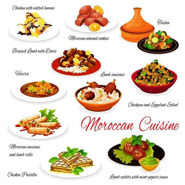 摩洛哥菜 摩洛哥正宗的餐馆菜单 病媒食品 摩洛哥杏仁饼干 塔金和哈拉汤 带有茄子沙拉的鹰嘴豆 羊肉粥和鸡肉派 — 图库矢量图片