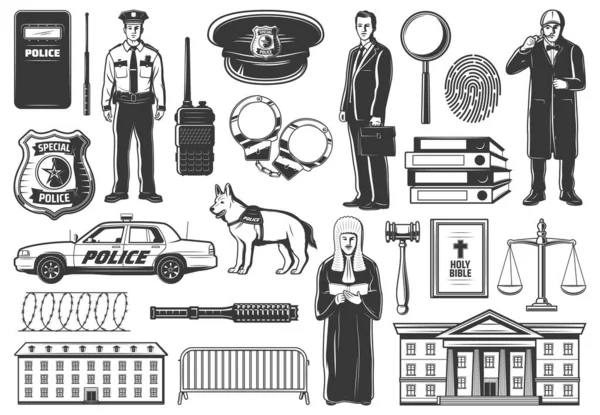 立法和司法 侦探调查和法律法官矢量图标 具有警徽 律师和检察官 监狱和法庭 刻度和手铐 指纹和放大镜的警察 — 图库矢量图片