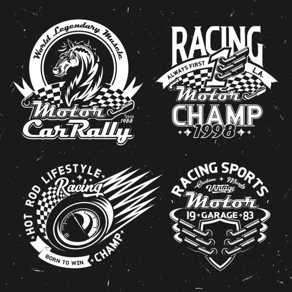 ラリーカー レースやモータースポーツ選手権ベクトルのアイコンやTシャツのプリント チェックされたフラグ マスタング馬と速度計 車両ホイールとチャンピオンスターとマッスルカーレースシンボル — ストックベクタ