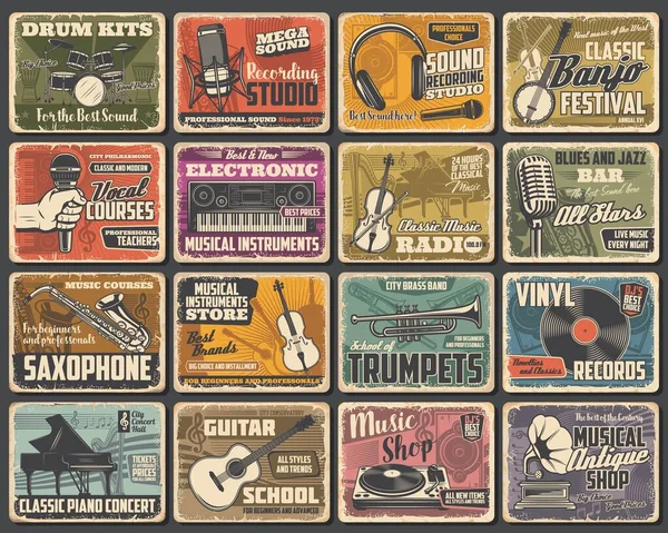 Muziekinstrumentenwinkel Live Concert Opnamestudio Vector Retro Posters Klassieke Muziek Radio — Stockvector