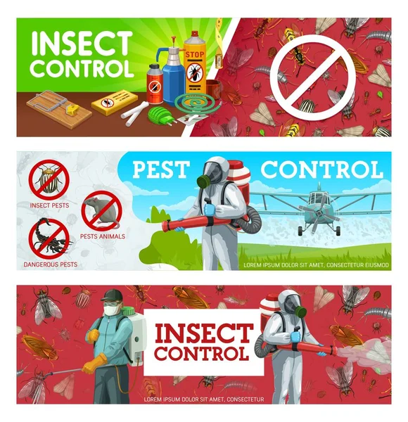 Pest control, disinfestation and deratization sanitary service vector banners. Aerial pest control, agriculture insecticide, domestic disinfection and fumigation of bugs, rodents and insects — Stock Illustration Pest Control Disinfestation Deratization Sanitary Service Vector Banners Aerial Pest Stock Vector