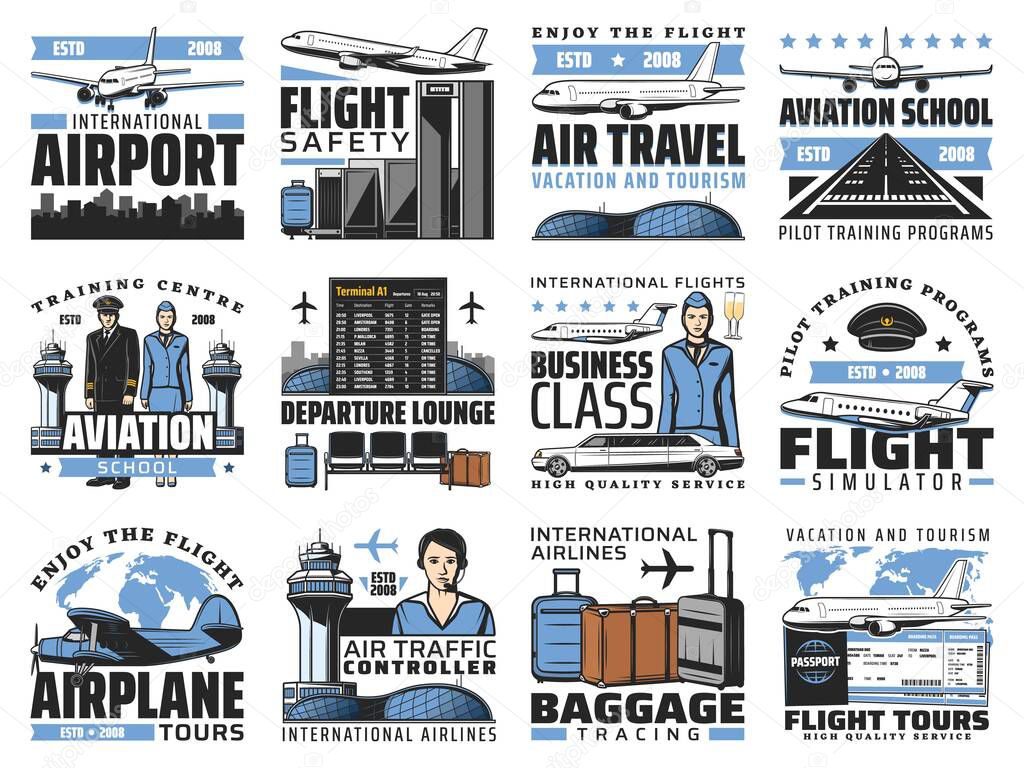 Airport and aviation, aircrew and air travel vector icons. Airplanes, pilot school and flight simulator. Airport air traffic control and baggage tracing service, aviation academy and departure lounge