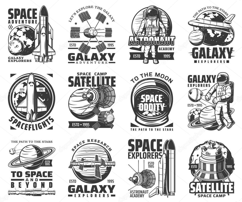 Galaxy exploration and outer space adventure vector icons. Astronaut academy and satellite space camp sign, moon and Saturn planets, spaceship and space shuttle explorer, orbital station