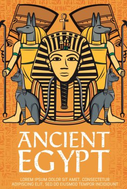 Antik Mısır firavunları, tanrılar, tanrı ve kutsal hayvanlar, taşıyıcı vintage poster. Tutankamon ya da Tutankamon firavunu Nefertiti, Eski Mısır Anubis tanrısı, Mısır hiyeroglifleri ve kutsal kedi tanrısı