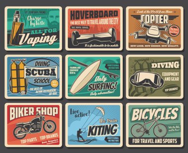 Active sport and summer leisure, entertainment vector retro posters. Scuba diving school, water kiting and ocean surfing club, travel bicycles and biker shop, hoverboard and vaping e-cigarettes clipart