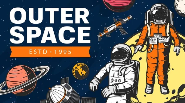 Weltraumforschung Raumschiff Und Astronauten Auf Der Umlaufbahn Des Planeten Erforscher — Stockvektor
