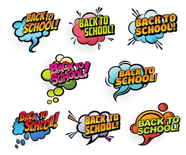 Zurück Zur Schule Vektor Comics Sprechblasen Bildungssymbole Cartoon Plaudereien Denk — Stockvektor