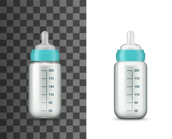 赤ちゃんのミルクボトル ベクトル現実的な3Dモックアップテンプレートを供給します 新生児のケア 子供の栄養液とミルク供給ボトル ペースメーカー ブルーカラーキャップとボリュームメジャースケール — ストックベクタ