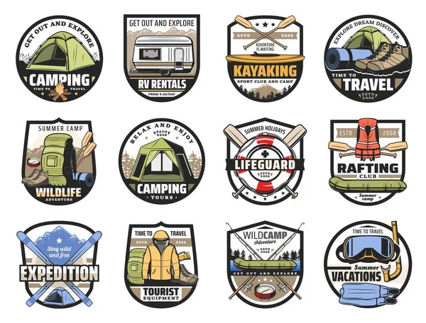 Camping Senderismo Turismo Deportivo Aventura Aire Libre Equipo Vectorial Iconos — Vector de stock