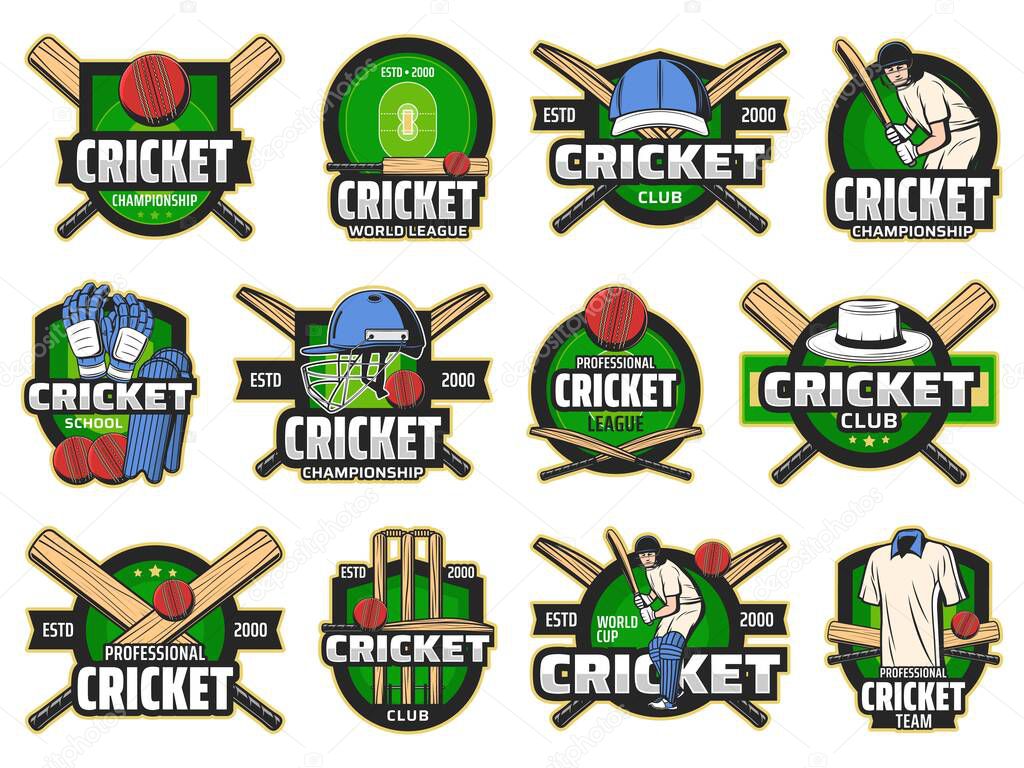 Cricket sport club and team icons. Cricket sport player equipment bats and red balls, field and helmet for professional game. Emblems and championship cup vector icons