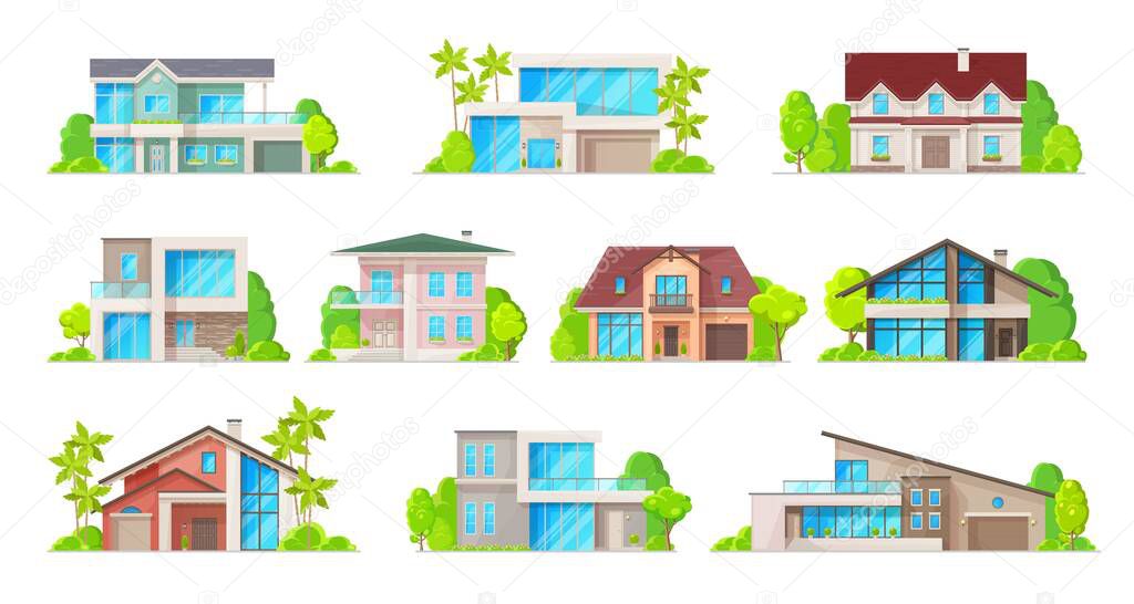 House building vector icons of real estate cottages, residential homes and bungalows, town or village townhouses, villas or mansions. Exterior front view of houses with doors, windows and trees