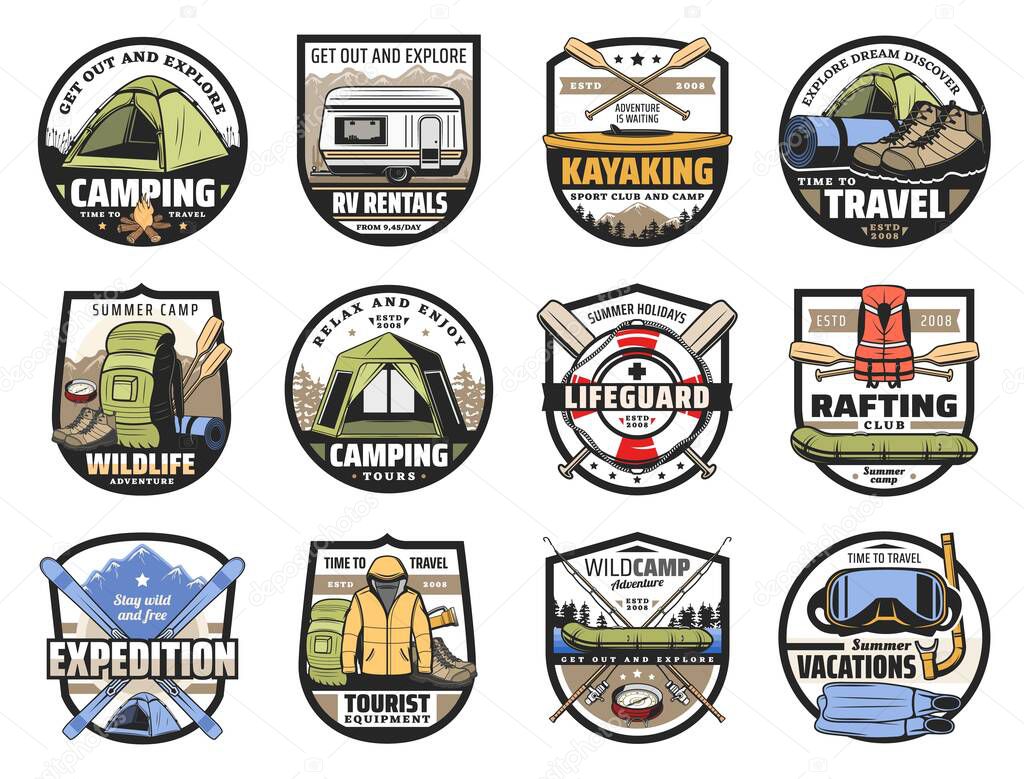 Camping and hiking sport tourism and outdoor adventure travel equipment vector icons. River rafting, kayaking and scuba diving club, skiing, mountain expedition and fishing, summer and winter tourism