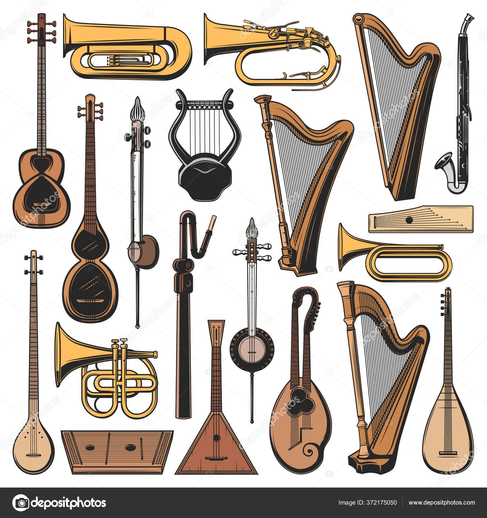 Musical Instruments Isolated Vector Tuba Harp Balalaika