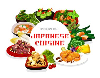 Japon mutfağı yemek ve yemek vektörü. Havyarlı salatalıklı salatalık, filipino kabuklu deniz ürünleri ve salata, karidesli Japon deniz ürünleri eriştesi, ciğer ve kasaplı domuz çorbası.