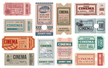 Sinema biletleri şablonları. Vektör retro sinema kuponlarına tarih, saat, koltuk ve sıra numarası, fiyat ve ayrılma hattı dahil. Klasik sinema performans giriş biletleri